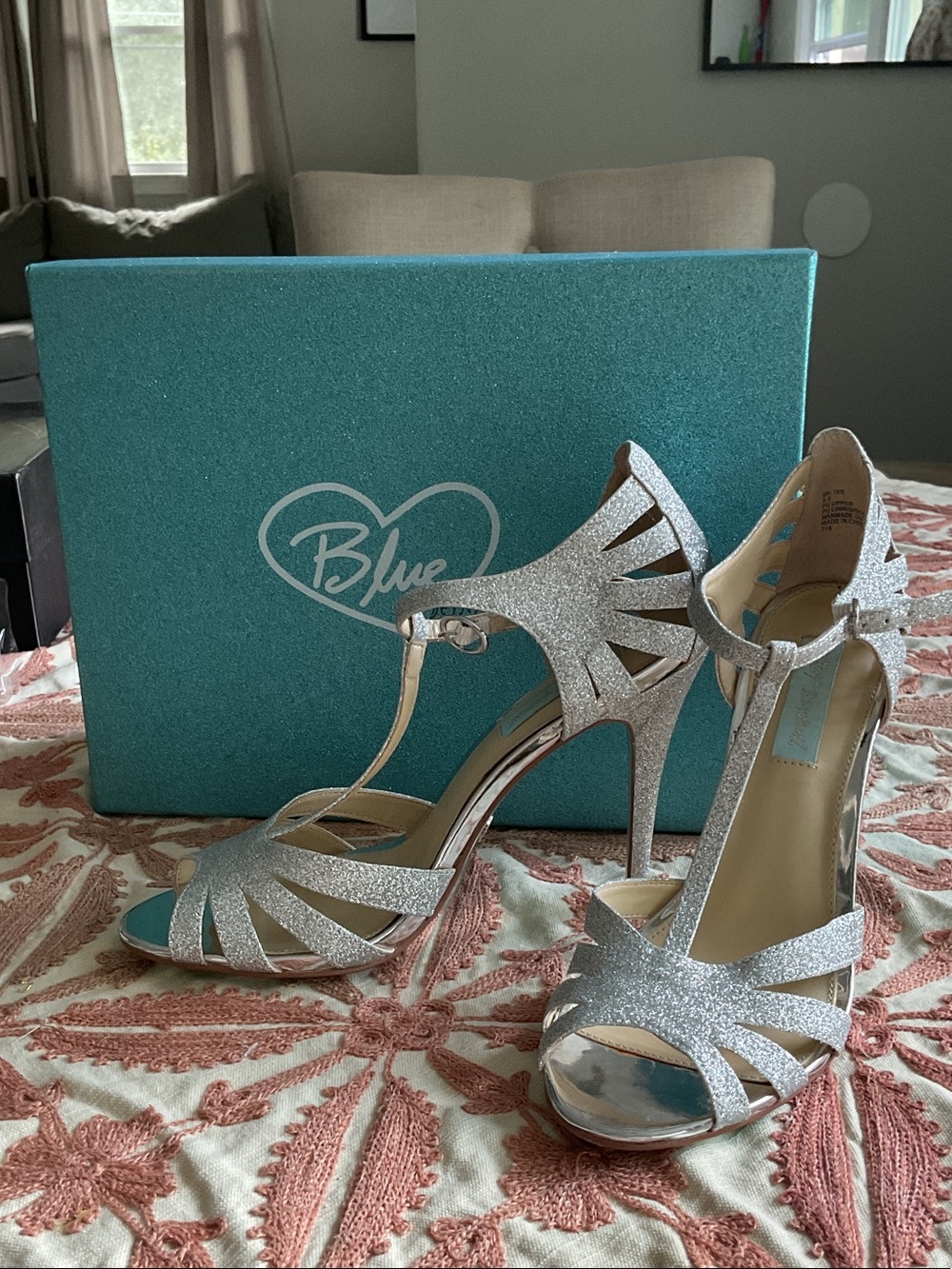 Blue by Betsey Johnson Silver Glitter T-Strap Stiletto Sandals